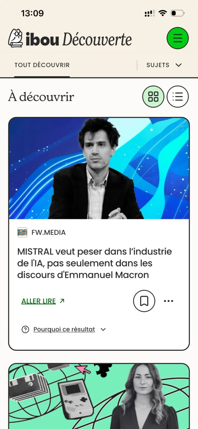 Écran d’ibou Découverte : un article de FW.Media, avec « Aller lire » et « Pourquoi ce résultat »